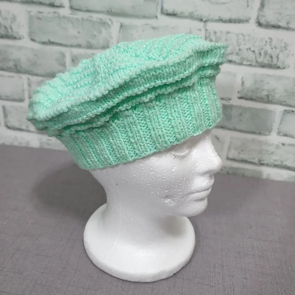 Vintage 70s Handmade Mint Green Metallic Glitter Ribbed Knit Beret Hat Hippie‎